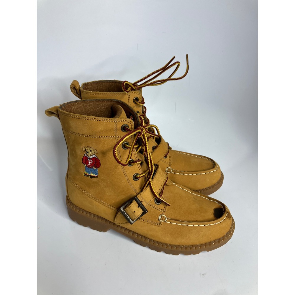 Polo Ralph Lauren ranger lace up boots tan leather bear embroidery kids size 3